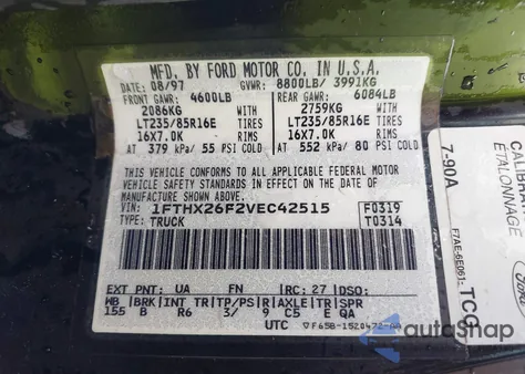 1997 Ford F250 из США, поврежденный, VIN 1FTHX26F2VEC42515